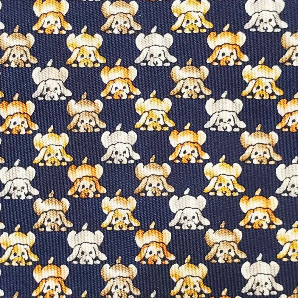 Salvatore Ferragamo Mens Puppy Dogs Puppies Navy 100% Silk Neck Tie Made Italy